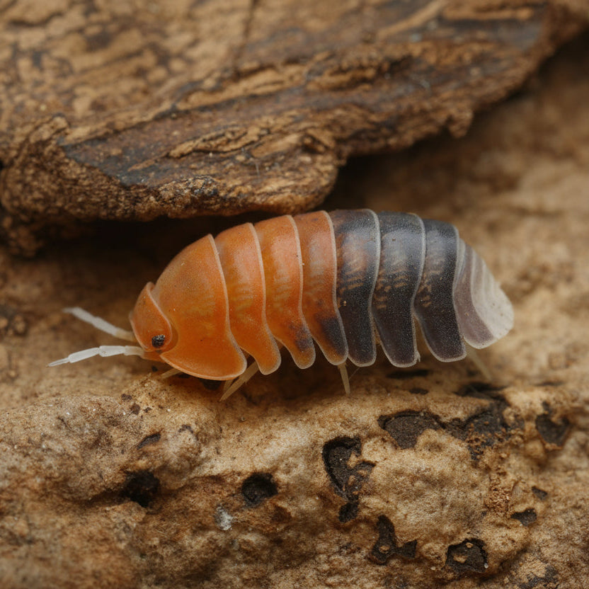 Colorful Cubaris sp "daxin tricolor" isopod with vibrant patterns on its exoskeleton, featured on a natural substrate.
